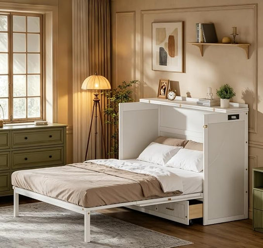 Bellemave Queen Size Murphy Bed with Charging Station and Storage, Farmhouse Murphy bedframe with Foldable Panel, Noisy Free, for Guest Bedroom, Living Room, White