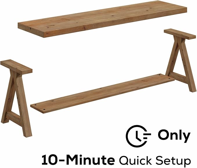 RowyPoey 51" Solid Wood Bench, Long Farmhouse Entryway Bench with Storage Shelf, Triangular Leg Design, Narrow Rustic Benches for Hallway, Bedroom, Dining, Kitchen