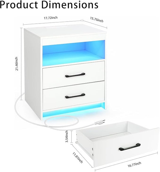 Night Stand with Charging Station and Ambient Light, LED Nightstand with USB-C Ports and Outlets, Morden Bedside Table with 2 Drawers and Open Compartment, End Table for Bedroom, White