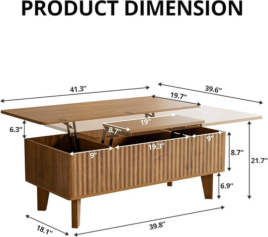 4 in 1 Lift Top Coffee Table with Storage, Mid Century Modern Living Room Center Table, Wood Fluted Multi-Function Convertible Dining Table, Walnut