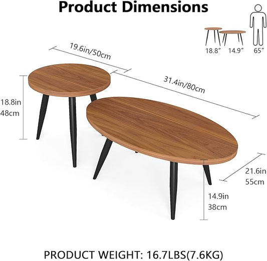 2-Piece Nesting Coffee Table Set, Oval & Round Mid-Century Modern Side Tables with MDF Tabletop & Metal Tapered Legs, Accent Table Set for Living Room, Small Spaces, Walnut
