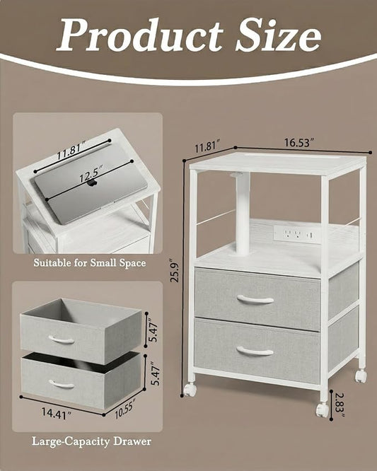 Faesun Swivel Lift Top Nightstand with Charging Station, Rolling Side Table for Recliner, Bedside Table with Wheels & 2 Fabric Drawers, for Small Spaces, for Bedroom, Living Room, White Gray