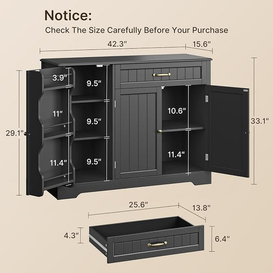 Gizoon Kitchen Sideboard Buffet Cabinet with Storage Small Coffee Bar Cabinet with Drawer, Kitchen Pantry Storage Cabinet with Door and Shelves for Bathroom and Living Room, Black, Painted