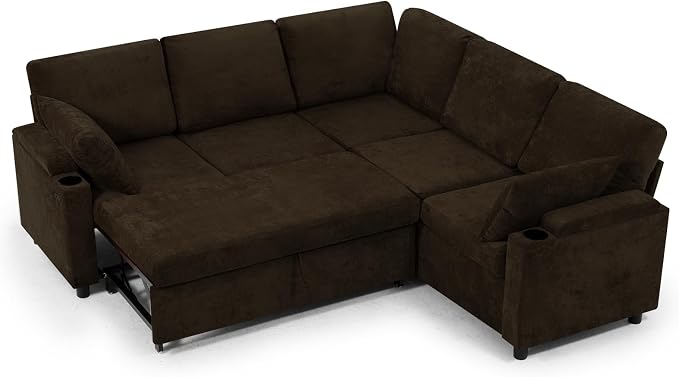 85" Chenille Sectional Sofa w/Pull Out Bed & Storage Space, Brown | Upholstery L Shaped Couch w/Cup Holders, Modern Corner Sofa w/USB Charging Port & Throw Pillow for Living Room