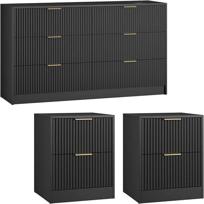 6 Drawer Dresser & Nightstand Set 3-Piece, 55” Wide Bedroom Dresser and Night Stand Set of 2 with Metal Handle, Fluted Modern Wood Chest of Drawers Storage Dressers Set for Bedroom, Black