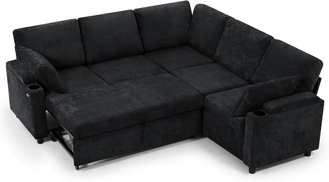 85" Chenille Sectional Sofa w/Pull Out Bed & Storage Space, Black | Upholstery L Shaped Couch w/Cup Holders, Modern Corner Sofa w/USB Charging Port & Throw Pillow for Living Room