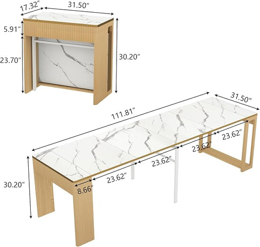 Extendable Dining Table, Transformer Folding Console Table for 2-8 People, 17"-112" Space Saving Dining Room Table, Wood White Faux Marble Dining Table, Kitchen and Dining Room Furniture (No Chairs)