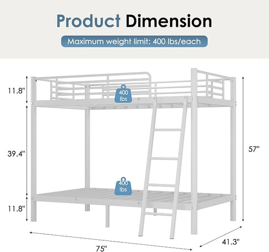 Bunk Bed Twin Over Twin, More Sturdy Heavy Duty Metal Bunk Bed with Angled Ladder for Teens and Adults, Used for Spaces-Saving, Apartment or Dorm, Noise Free & Easy Assembly, White