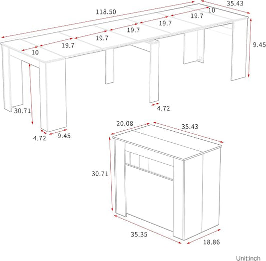 Extendable Dining Table, Transformer Console Table for 1-12 People, Folding Space Saving Dining Room Table for Homes, Apartments, Marble White