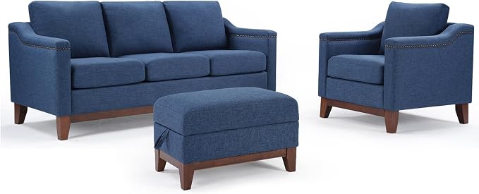 HAOMARKETS Modern 3 Piece Sofa Set with Rivets, Included Fabric Accent Chair, Upholstered 3-Seater Couches with Solid Wood Legs and Storage Ottoman, Living Room Furniture Set,Blue