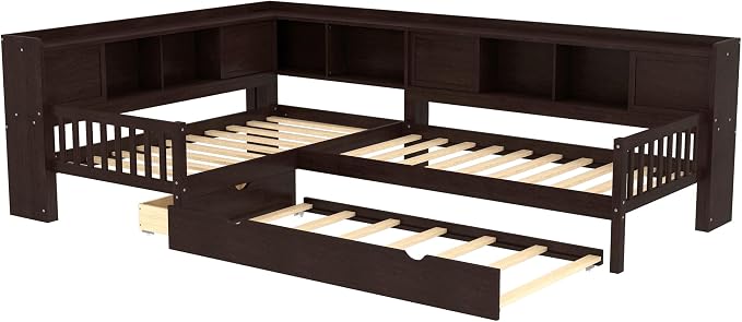 Bellemave L Shaped Corner Bed for 2 Kids, Double Twin Platform BedFrame with Trundle and Shelves, Espresso