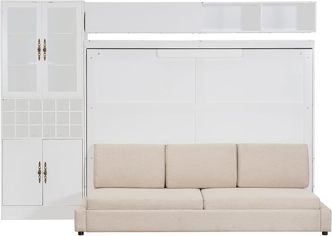 Queen Murphy Bed with Couch, Storage Shelves and USB, Folding Wall Bed | Stores bed and mattress together, with built-in light, 600 lbs capacity and 8-10 in mattress support for small spaces
