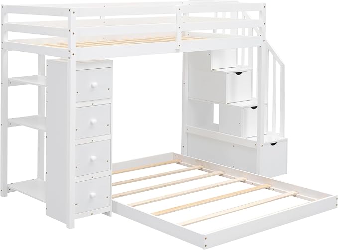 Ball & Cast Twin Over Full Bunk Bed with Safty Guardrail & Storage Stairs,Wood Bedframe W/ 3-Layer Shelves & Drawers,Easy Assembly,Space Saving,Compact Bedroom Furniture Set for Boy Girl Teens,White