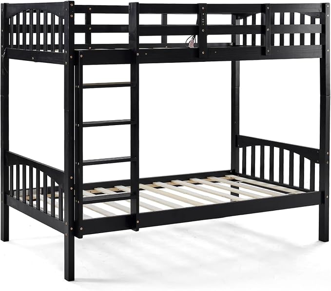 VINGLI Solid Wood Bunk Bed Twin Over Twin with RGB LED Light and Charging Station,15 inches Extra Tall Guardrail, Convertable 2 Deckers Bed, Heavy Duty Wood Slat Support, Black
