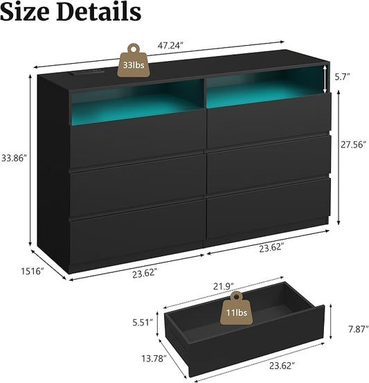 6 Drawer Dresser for Bedroom 47" Wooden Black Dressers Chests of Drawers | Double Closet Storage Cabinet w/ Charging Station LED RGB Lights 2 Open Shelves Modern Dresser TV Stand for Living Room