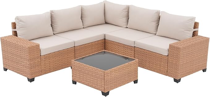 SUNSITT 6-Piece Patio Furniture Set, Outdoor Wicker Modular Sectional Sofa with 7.7-inch Wide Armrests & Thick Comfy Cushions, Glass Top Coffee Table, Rattan Conversation Set, Natural Color
