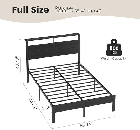 Full Size Metal Bed Frame with Storage Headboard, LED Lights and USB Charging Ports, Noise Free Platform Bed with Sturdy Slats, No Box Spring Needed, Easy Assembly