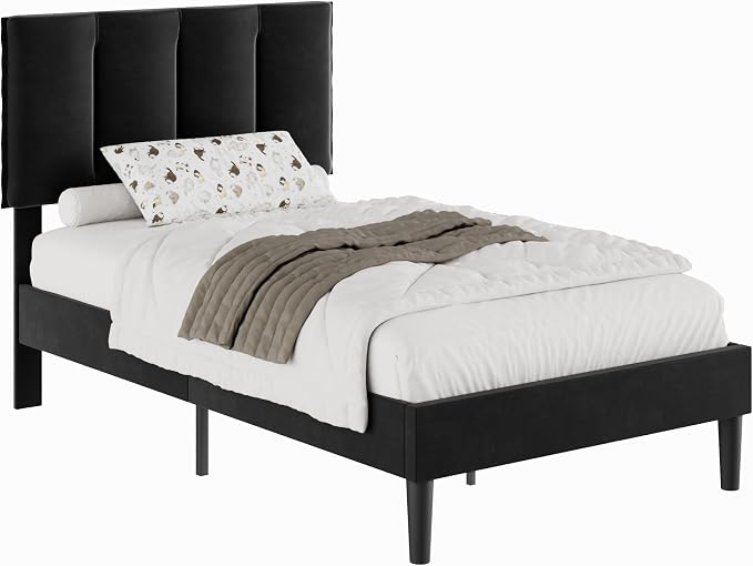 VECELO Twin Size Bed Frame with Upholstered Headboard, Heavy-Duty Bedframe with Wooden Slats & Steel Framework, Easy Assembly, Velvet & Black