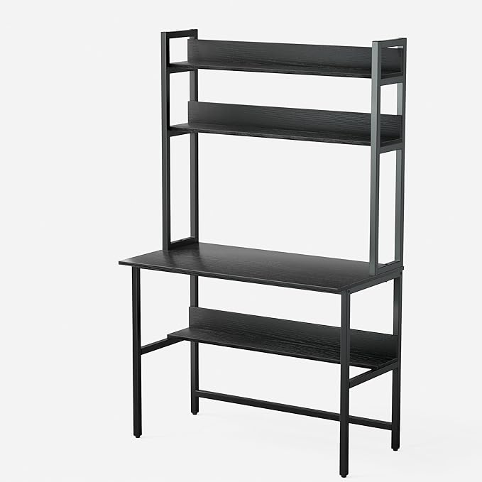 Aquzee Computer Desk with Hutch, 40“W x 19.6" D Desk with Shelves, Tall Home Office Desk with Bookshelf, Metal Legs Study Table with Upper Storage Shelf for Study Writing/Workstation, Black