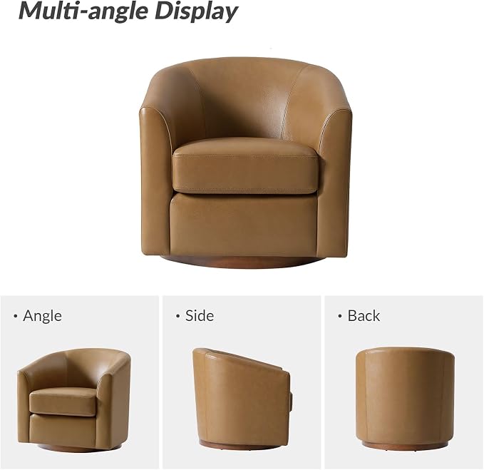 HULALA HOME Genuine Leather Swivel Barrel Chair, Round Swivel Accent Chair with Solid Wood Base, No Assembly Required, Camel