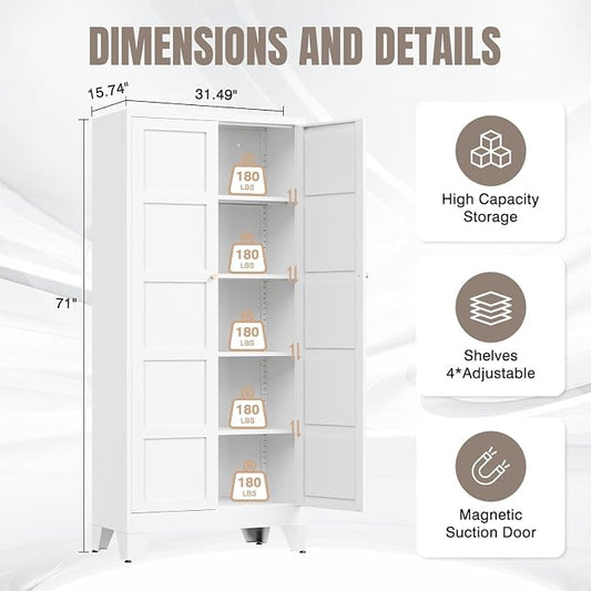 Yizosh Metal Storage Cabinet with 2 Doors and 4 Adjustable Shelves,- 71" White Kitchen Pantry Storage Cabinet for Kitchen,Dining Room,Living Room