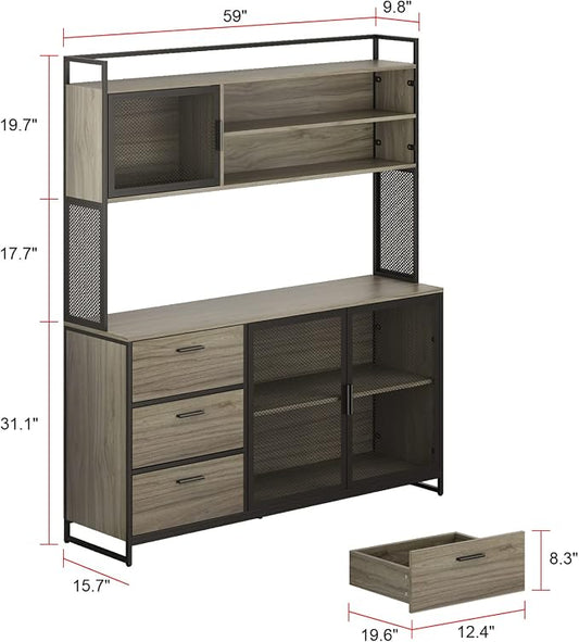 AIEGLE Large Kitchen Hutch Storage Cabinet, Pantry Cabinets with Hutch, Metal Frame Cupboard with Mesh Door, Drawer & Microwave Shelf, Freestanding Kitchen Storage, Rustic (59" W x 15.7" D x 68.5" H)