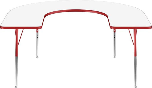 FDP Dry-Erase Horseshoe Activity School and Office Table (60 x 66 inch), Standard Legs with Swivel Glides for Collaborative Spaces, Adjustable Height 19-30 inches - Whiteboard Top, Red Edge and Legs