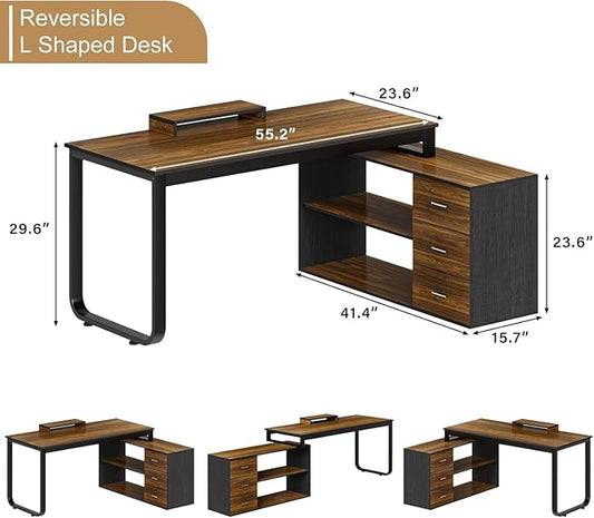 MaverickFurni 55" L Shaped Desk with Drawers and Shelves, Home Office Desk with Monitor Stand for Work Writing Study, Reversible Corner Desk with Storage, Black