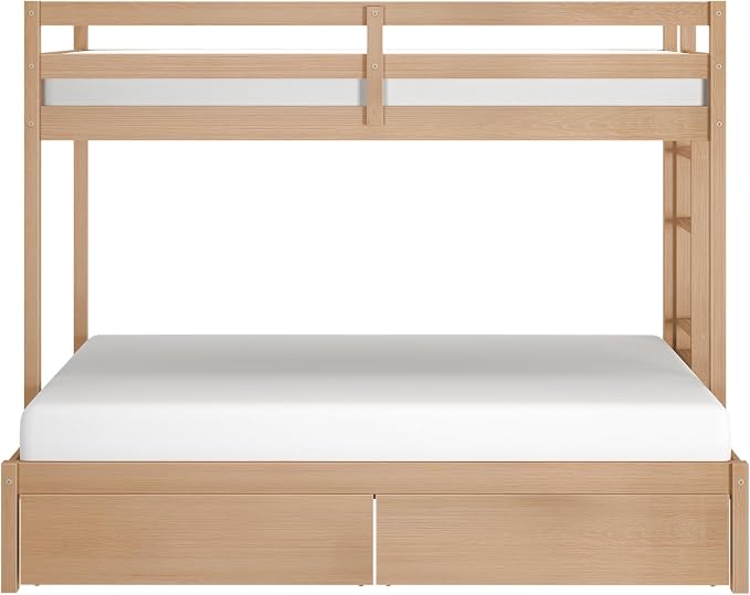 Grain & Grove Bear Twin Over Full Bunk Bed with Storage Drawers, Sturdy Bunk Bed Frame for Kids, Plywood Bunk with Ladder, Guardrail, and Slats, No Box Spring Required, Oak Embossed Natural