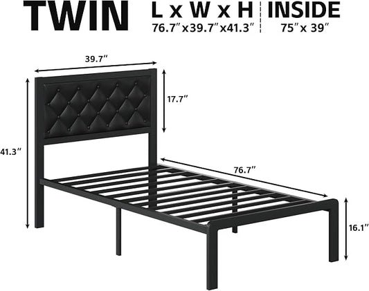 Fluest Twin Bed Frame with Headboard PU Leather Upholstered Bed Frame Platform,All Metal Slats Support Platform Bed Frame with Storage Space,Easy Assembly,Noise Free,No Box Spring Needed,Black
