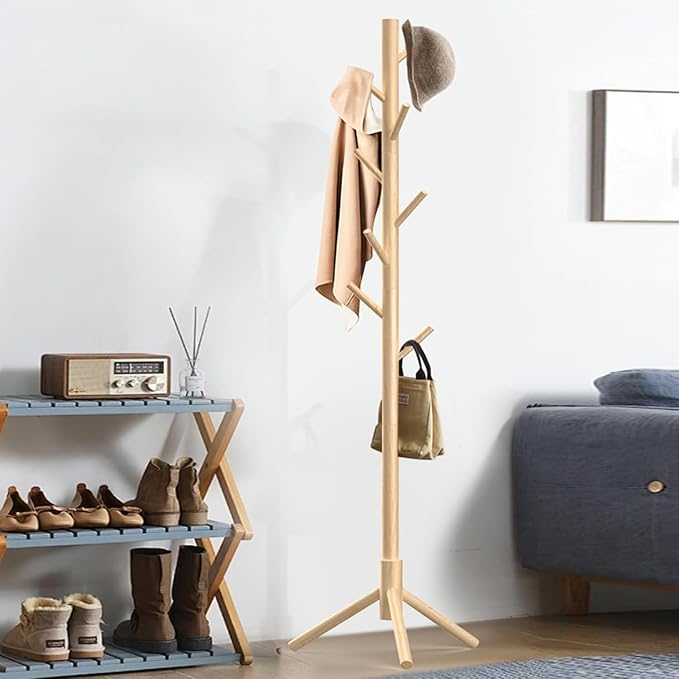 Aliphon Wooden Coat Rack Stand, Freestanding Coat Rack with 8 Hooks, 3 Adjustable Size Coat Tree for Hats, Coats, Scarves bags, Coat Hanger Stand Used in Bedroom/Office/Entryway,2 PCS (Natural)