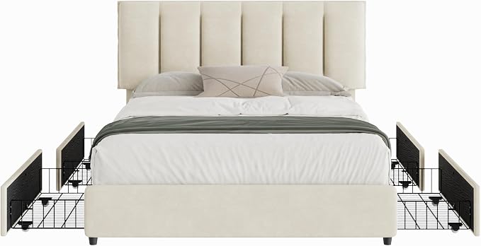 VECELO Full Size Bed Frame with 4 Storage Drawers, Adjustable Height Headboard, Heavy-Duty Platform Bedframe with Strong Wooden Slats, No Box Spring Needed, Pale Beige