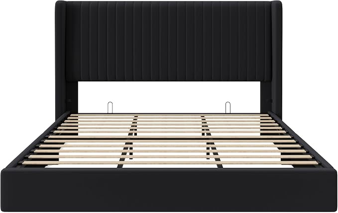 Allewie King Size Lift Up Storage Bed Frame, Hydraulic Support System, Upholstered Platform Bed Frame, Underneath Storage, Vertical Channel Tufted Headboard with Wingback, No Box Spring Needed, Black