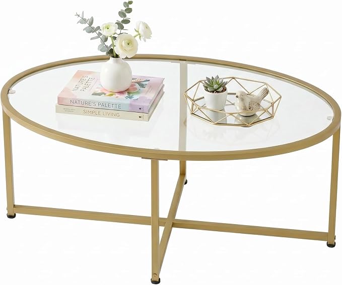 Wolawu Coffee Table Gold Oval Glass Coffee Tables for Living Room,Modern Gold Metal Frame Tea Tables for Small Space, Tempered Glass Top Center Table with Stable Cross Base for Bedroom, Office,Balcony