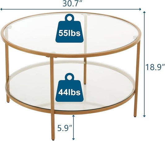 VINGLI Glass Coffee Table,30" Round Coffee Table Gold Coffee Tables for Living Room,2-Tier Glass Top Coffee Table with Storage Clear Coffee Table,Simple & Modern Center Table Mesa de Centro para Sala