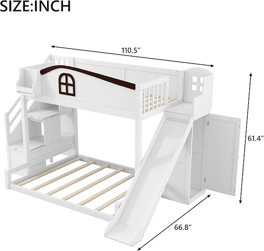 RUNNA Twin Over Full Bunk Bed with Slide,Storage Stairs,Shelf | Twin over full bunk bed with slide, storage stairs, overhead shelf, solid wood, guardrails, no box spring needed