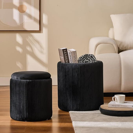 BLEXA Round Set of 2 Ottoman with Storage - Upholstered Velvet Vanity Stool for Makeup Multifunctional Ottomans Coffee Table Padded Seat Foot Rest for Living Room & Bedroom (Black)