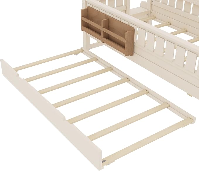 Bellemave Twin Kids Montessori Bed with Stairs, Bookshelf and Trundle, Solid Wood Kids Bed Frame with Storage for Boys Girls, Low Profile,Beige