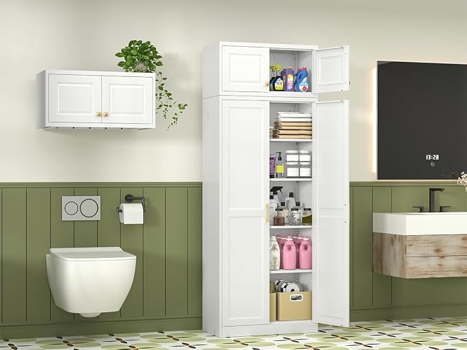 Polup Kitchen Pantry Cabinet, 86 Inch Tall Metal Storage Cabinet, Food Pantry cabinets with Doors and Shelves, White Storage Cabinets for Living Room, Dining, Office, Bathroom, Assembly Required