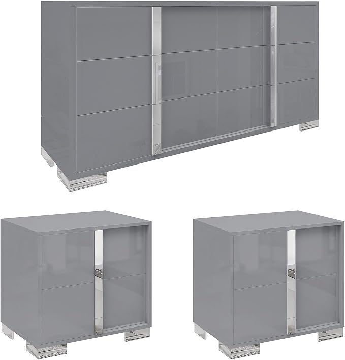 AMERLIFE 3 Piece Bedroom Set, Two 23.6" Nightstands & 6-Drawer Dresser, Silent Glide Drawers & Metal Handles, Modern High Gloss UV Finish, Dresser Set for Bedroom, Grey