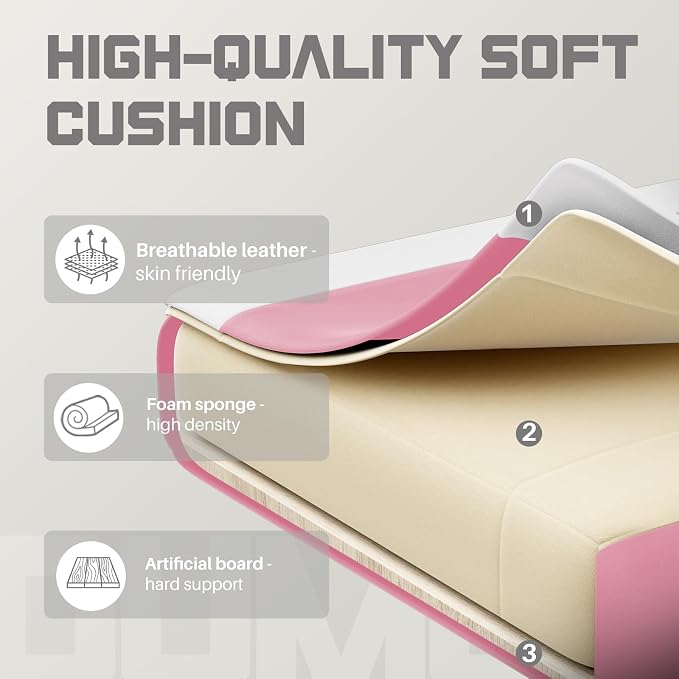 DUMOS Ergonomic Gaming Office Desk Chair with Footrest and Headrest for Adults, PU Leather Video Computer Chair with Linkage Armrests, Height Adjustable 360° Swivel Recling, White Pink