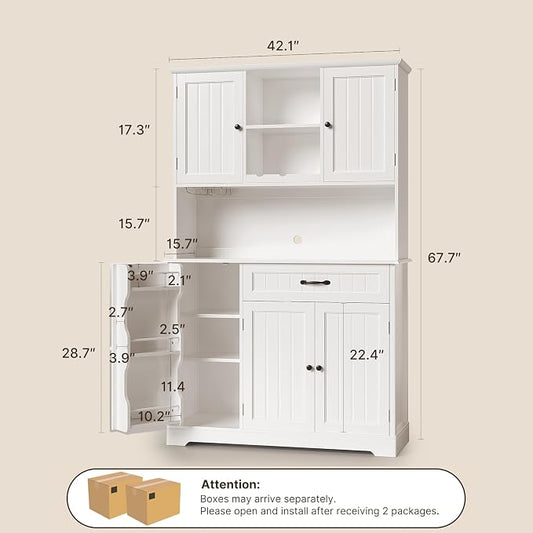 Gizoon Tall Kitchen Storage Cabinet with Door and Shelves, 67" Kitchen Pantry Cabinet Large Coffee Bar Hutch with Storage for Dining Room, Painted White