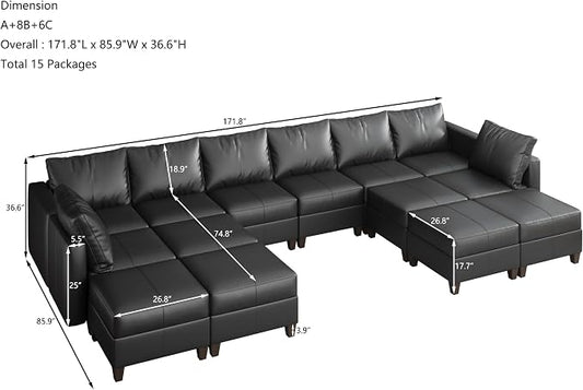 EASE MOOSE U Shaped Modular Sectional Sofa with Storage, Faux Leather Modular sectional Oversized Modular Sectional Couch with Reversible Chaises for Living Room