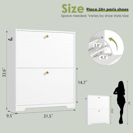 Nicetree Shoe Cabinet with 2 Flip Drawers, Narrow Shoe Organizer Cabinet, Freestanding Shoe Rack Cabinet, Modern Shoe Storage Cabinet for Entryway, Hallway, Foyer, White