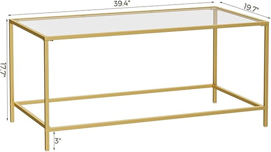 Homleke Glass Coffee Table, Modern Rectangular Coffee Table for Living Room, Minimalist Center Tea Table with Sturdy Metal Frame for Apartment, Office, Easy Assembly, 39.4 x 19.7 x 17.7 Inches, Golden