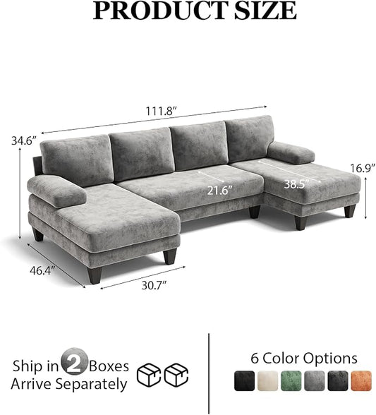 U-Shaped Sectional Couches for Living Room | 112 Inch Modern Sectional Couch | Light Grey Chenille Sofa with Double Chaise for Apartment