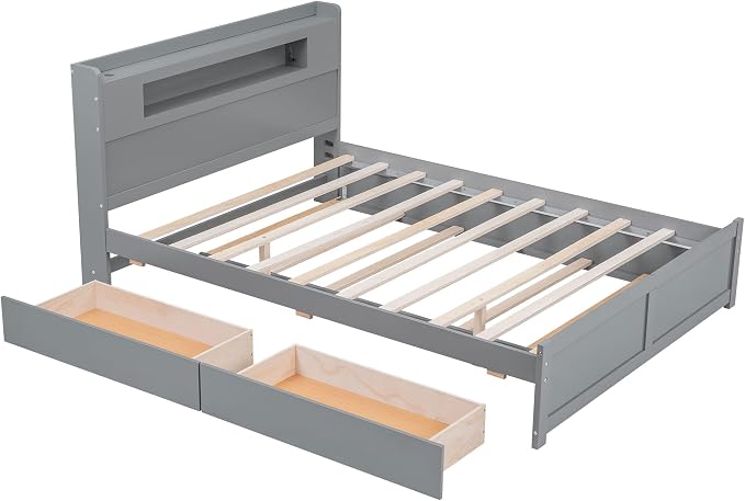 YOPTO Queen Size Wood Storage Platform Bed with LED, 2 Drawers and 1 Twin-Size Trundle, Easy to Assemble,Bedroom Furniture for Children,Teenagers,Adults,Gray