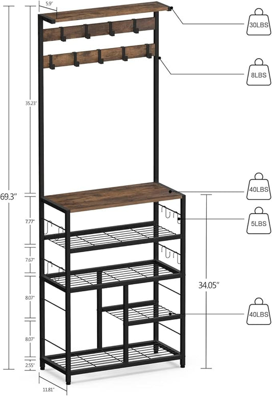 GiftGo Vintage Large 5-Tier Hall Tree with Console Table Entryway Coat Rack Floor Standing Shoes Rack Storage Shelf Organizer for Home Office Bedroom (Rustic Brown)