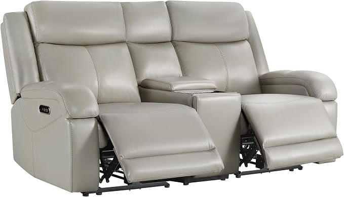Watson & Whitely Genuine Leather Power Loveseat Recliner Sofa, Wall Hugger Loveseat Reclining Sofa with Storage Console, Power Headrest, Cup Holders, Dual Recliners for Living Room, RV, Grey