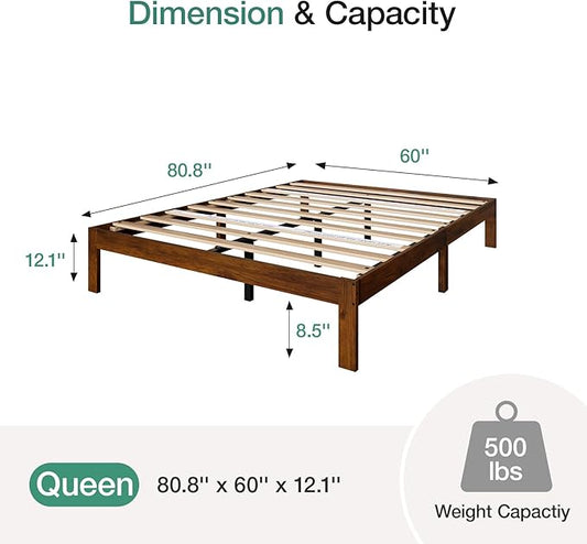 Novilla 12 Inch Queen Bed Frame, Classic Solid Wooden Platform Bed Frame Queen Size, Queen Size Bed Frame Without Headboard, Sturdy Wood Slat Support, No Box Spring Needed, Easy Assembly, Walnut